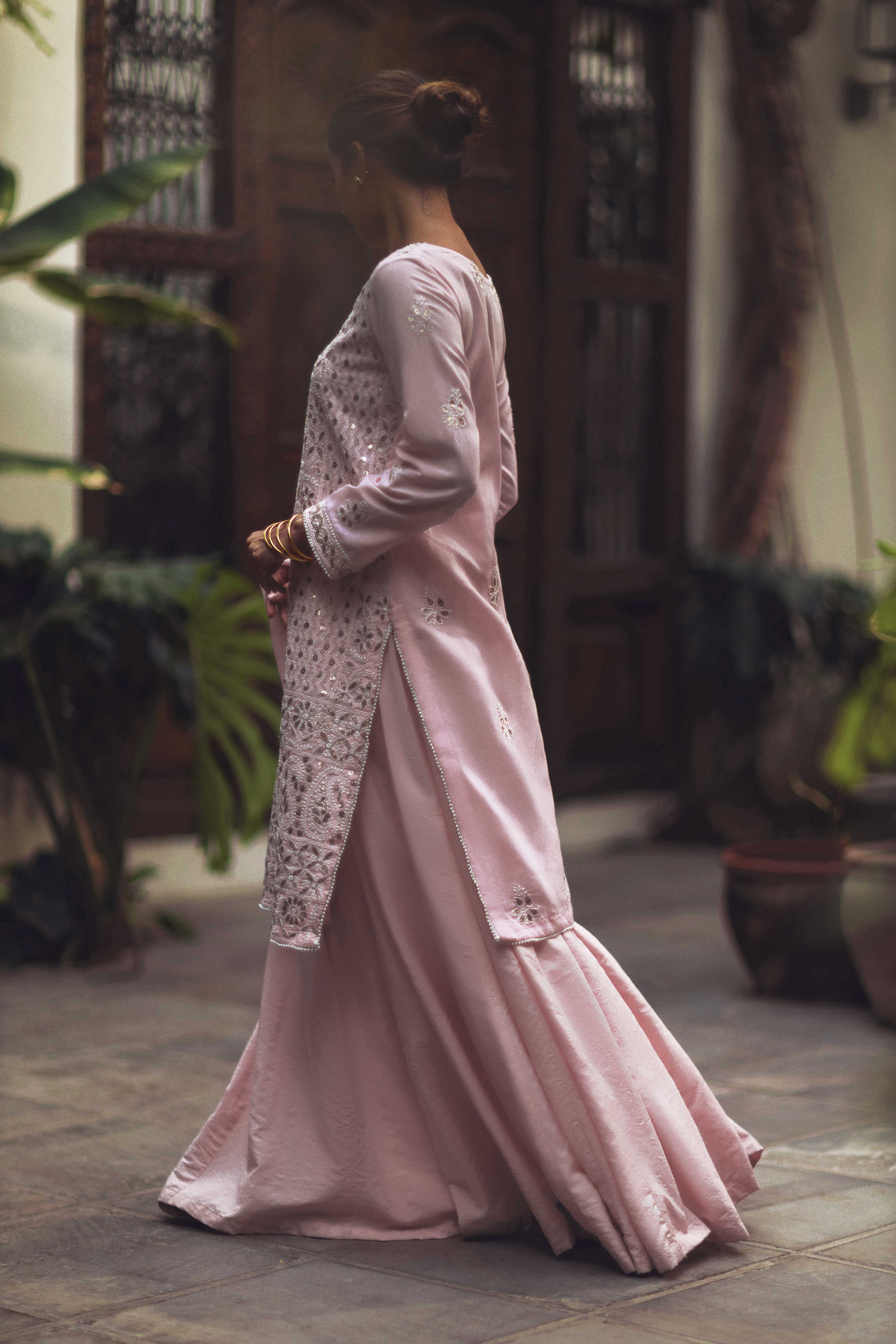 Maryam Raza in Aafrinish Pale Pink Chikankari and Gota shirt, Izaar and dupatta. Shot in an old havelli.