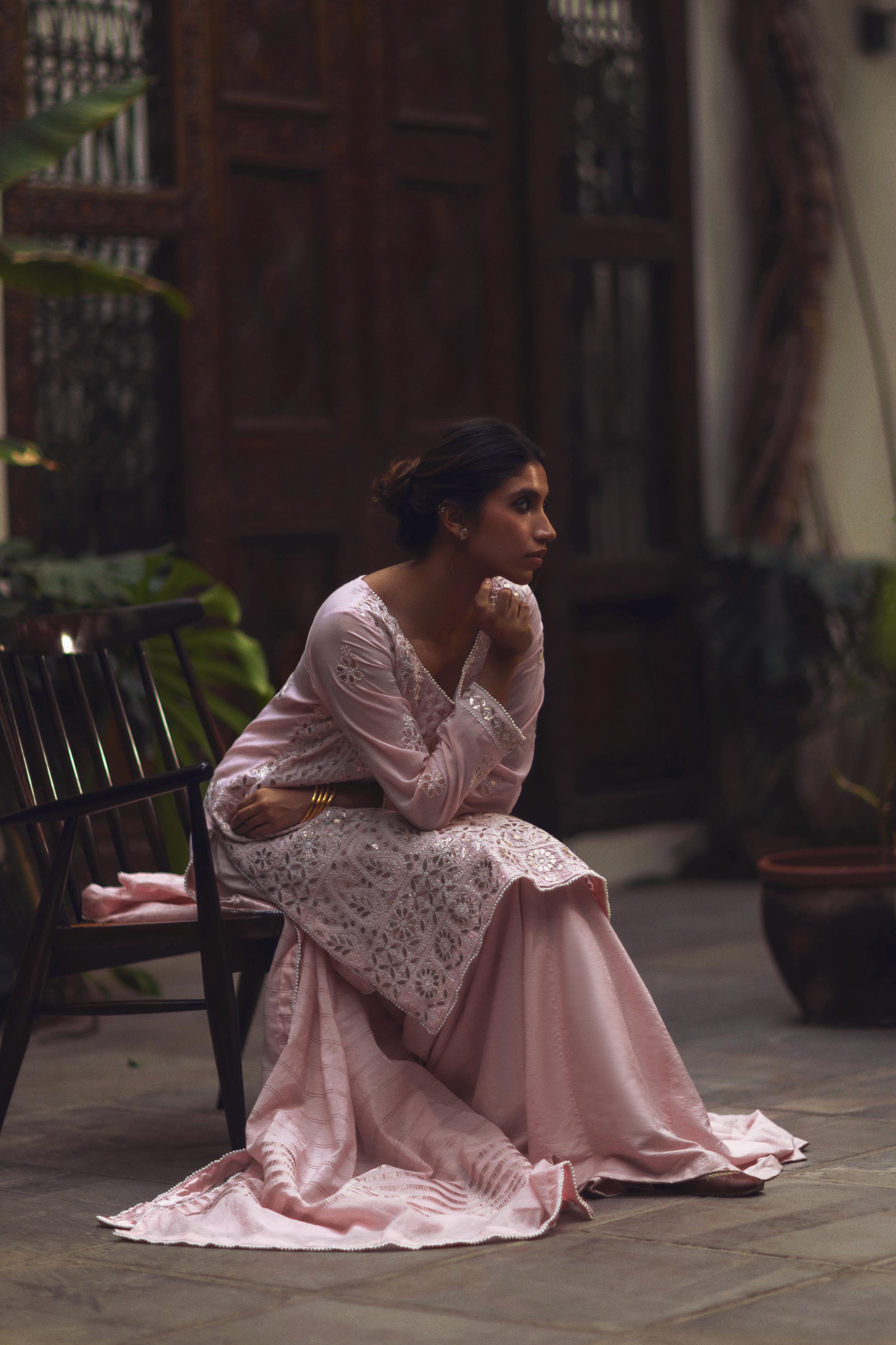 Maryam Raza in Aafrinish Pale Pink Chikankari and Gota shirt, Izaar and dupatta. Shot in an old havelli.