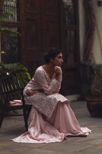 Load image into Gallery viewer, Maryam Raza in Aafrinish Pale Pink Chikankari and Gota shirt, Izaar and dupatta. Shot in an old havelli.
