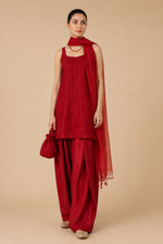 Load image into Gallery viewer, Deep Red Chikankari Kurta, Dupatta &amp; Farshi Shalwar
