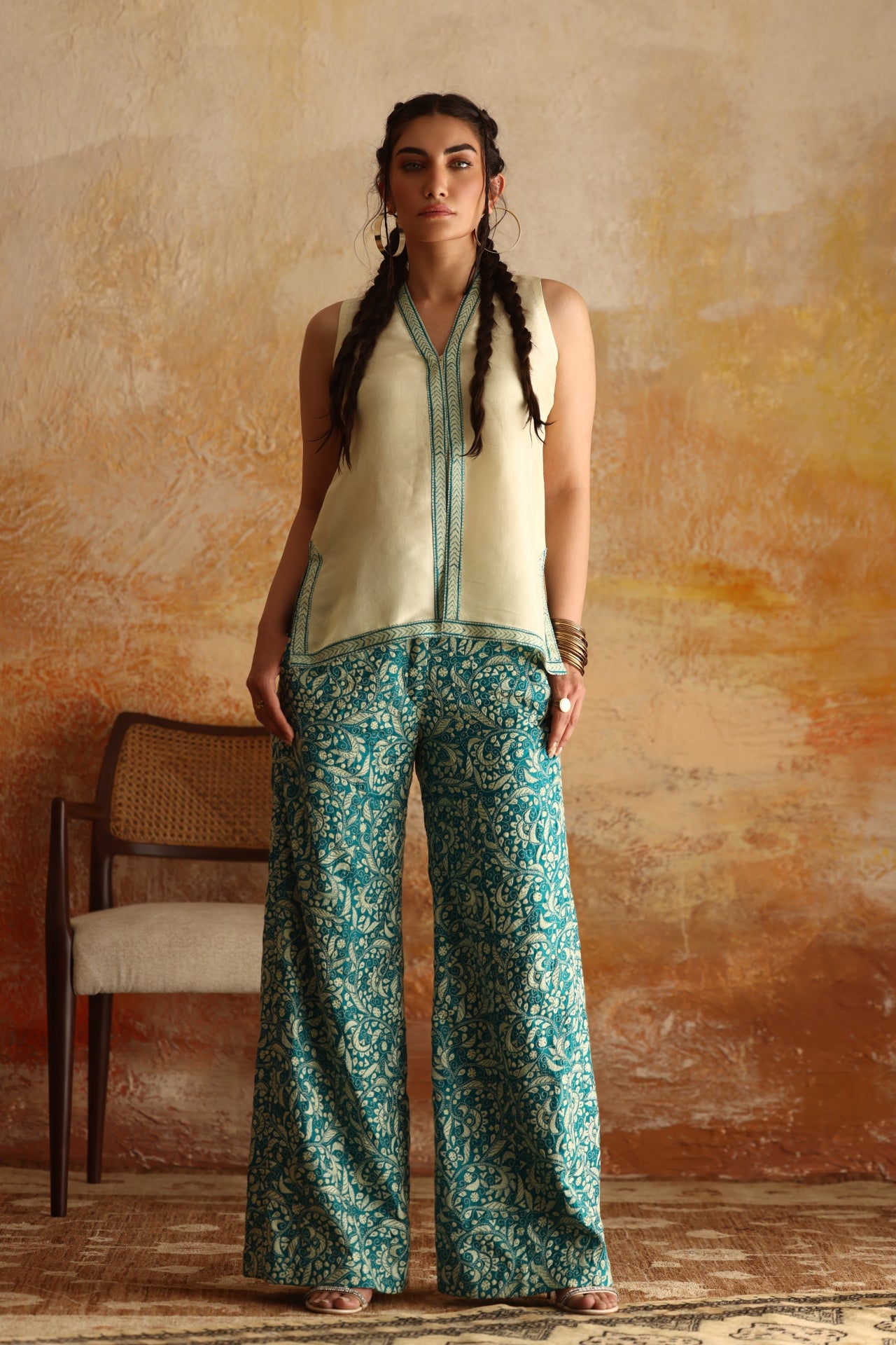 Cream Raw Silk Top & Aqua Green Kantha Pants
