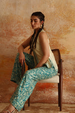 Load image into Gallery viewer, Cream Raw Silk Top &amp; Aqua Green Kantha Pants
