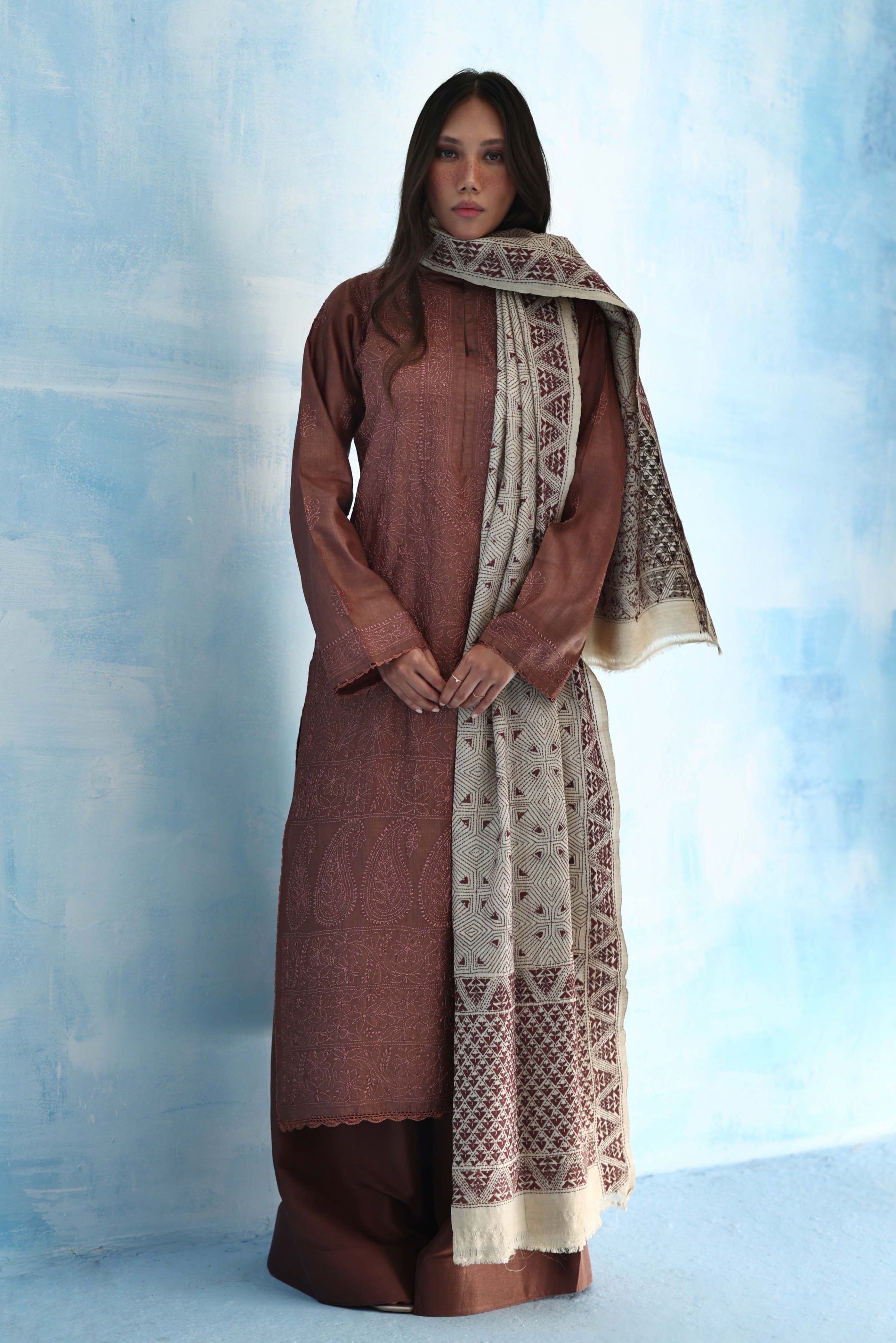 Beige & Coffee Kantha Dupatta