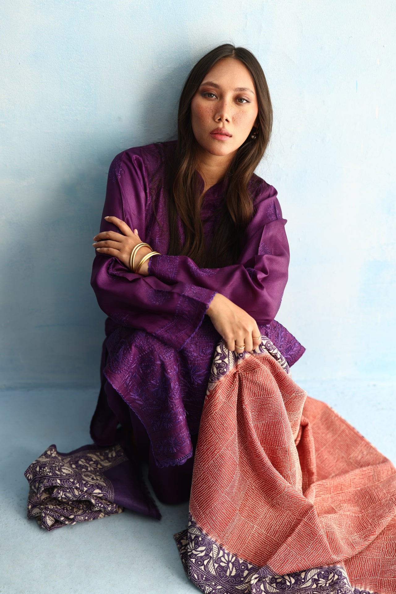 Purple & Coral Kantha Dupatta