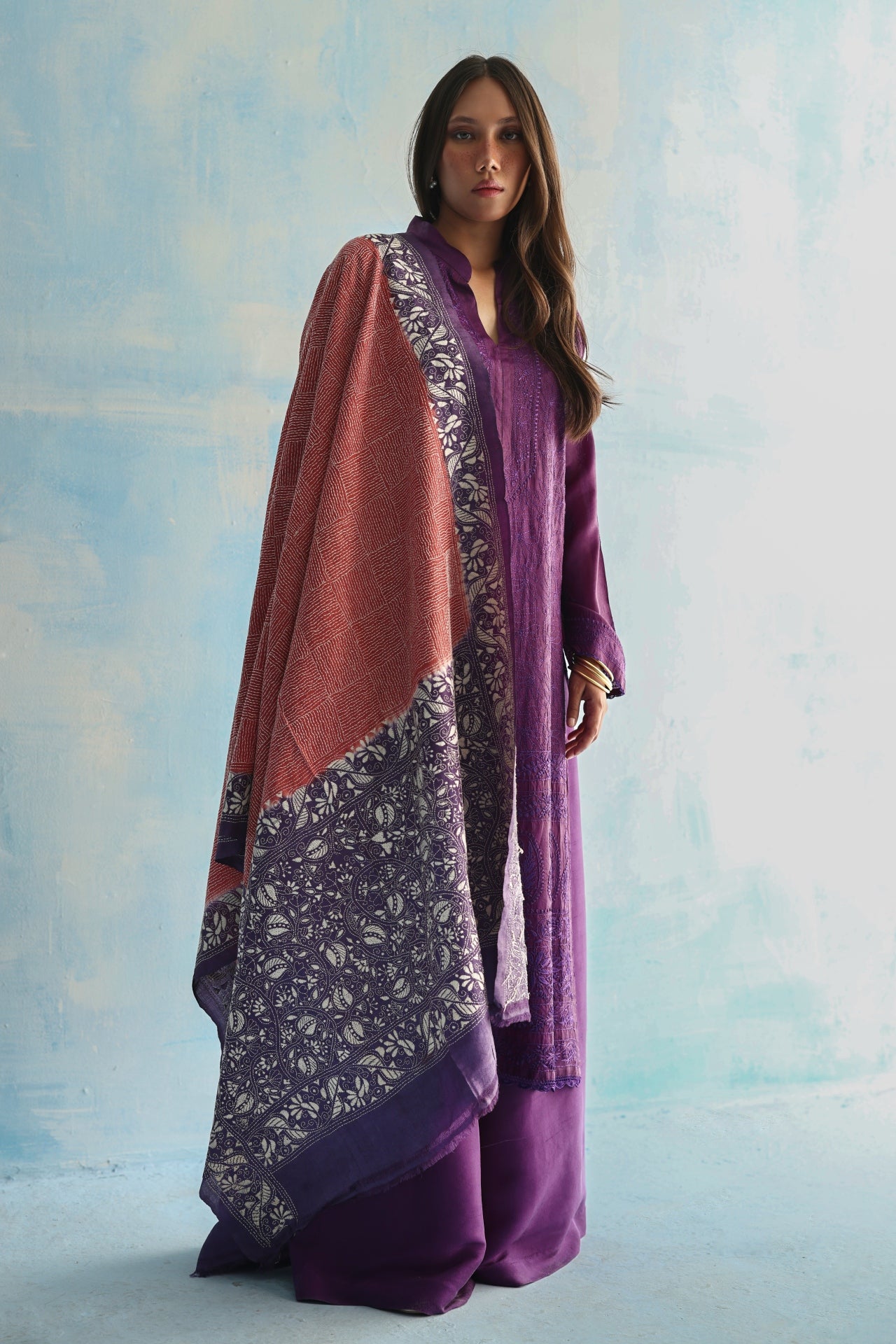 Purple & Coral Kantha Dupatta