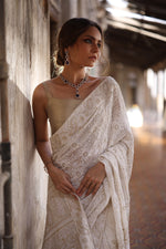 Load image into Gallery viewer, Aafrinish By Niazi Fahmeen Ansari Rizwan Ul Haq Green White and Gold Saree Sari Intricate micro sequins beagle beads zari Old Haveli Pakistan
