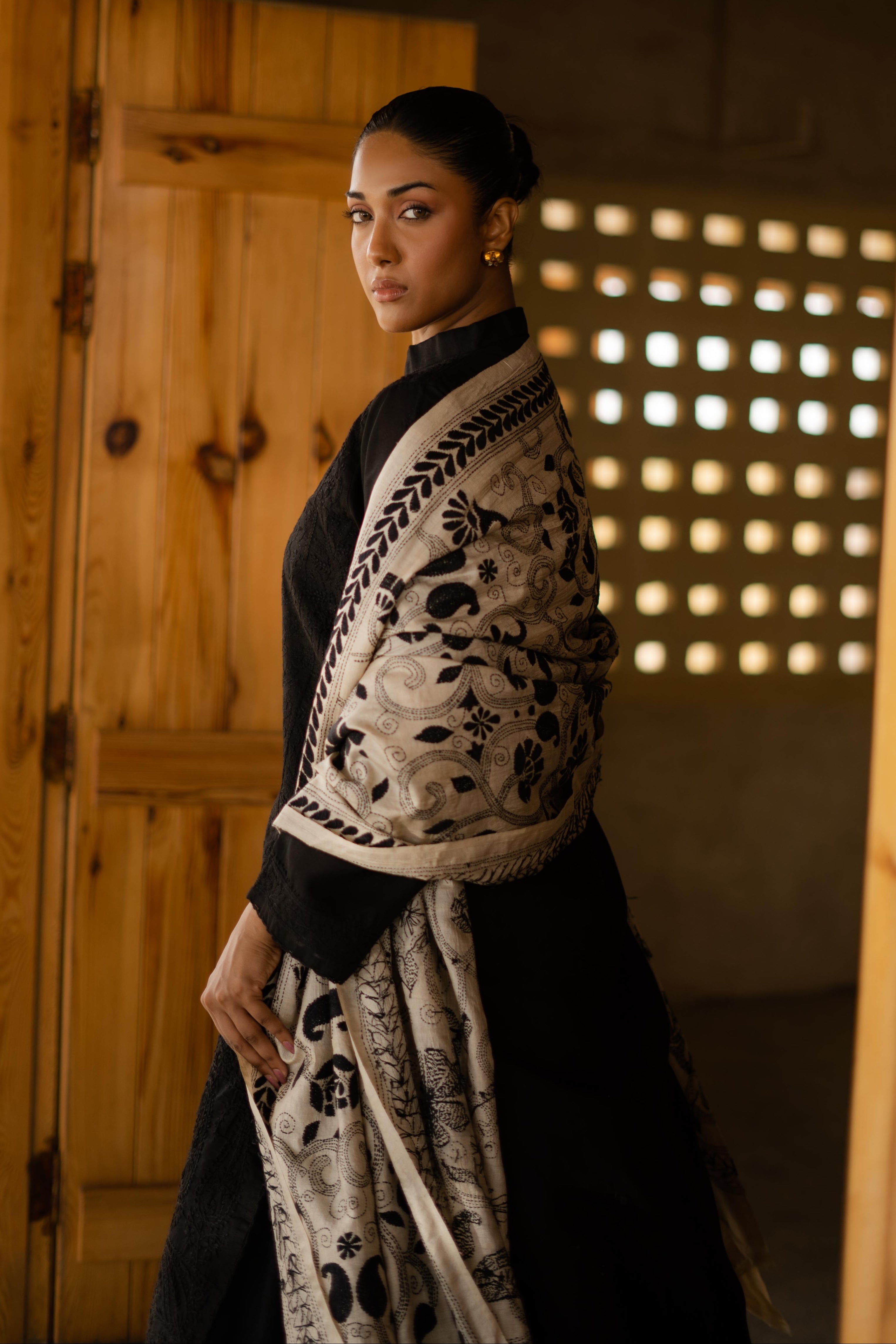 Ivory & Black Kantha Dupatta