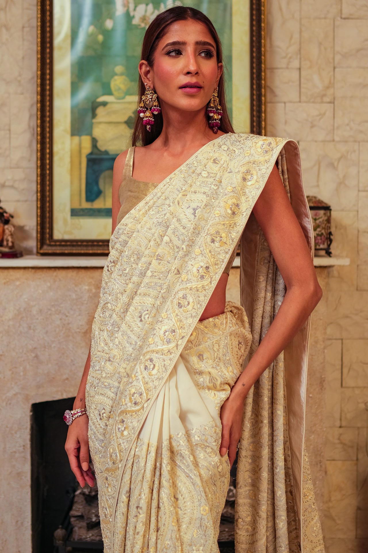 Ivory & Silver Kashidakari Saree