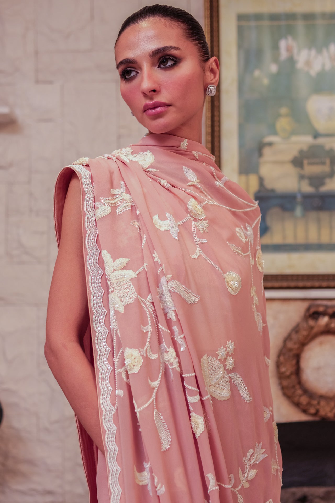 Tea Pink & Off White Floral  Saree