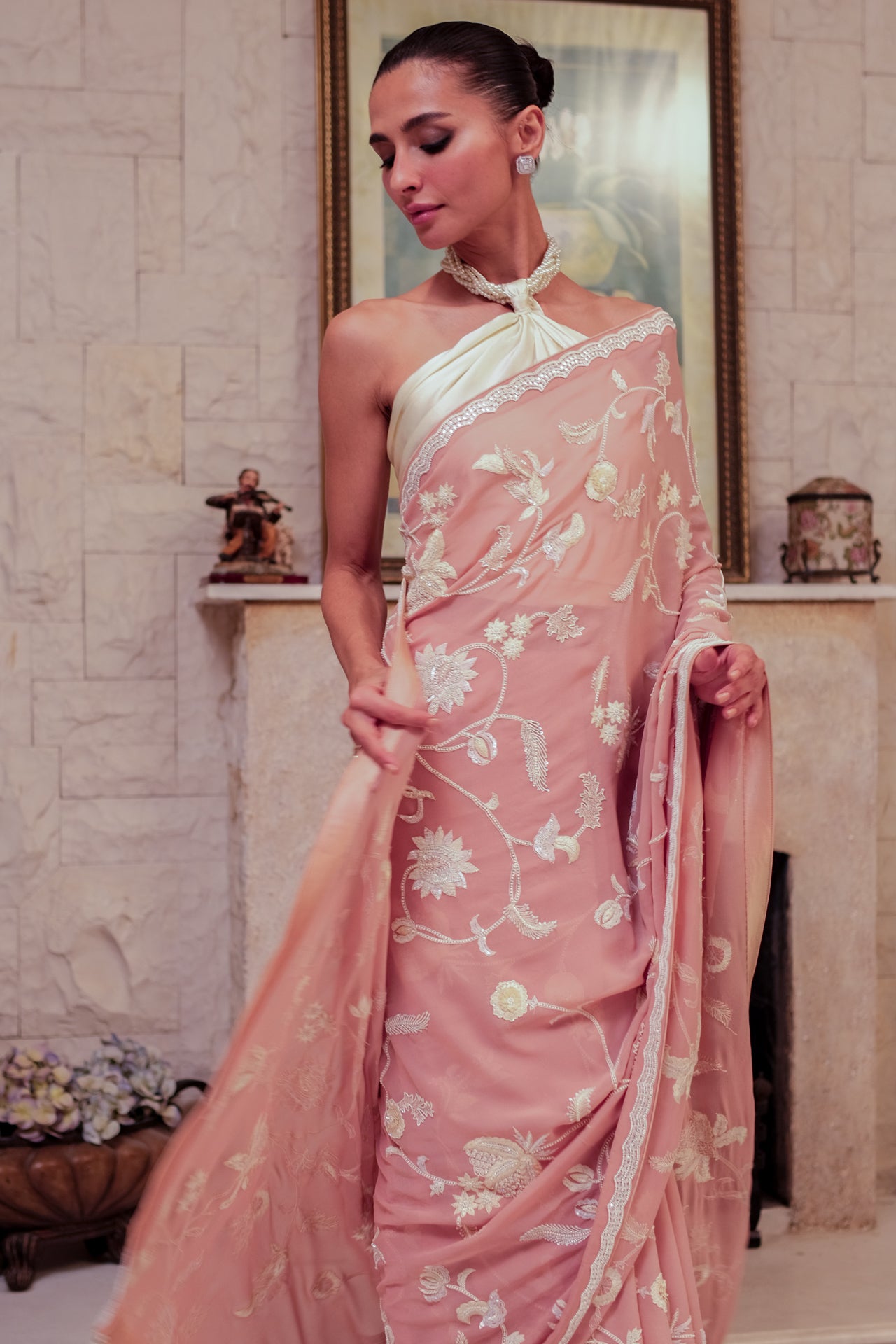Tea Pink & Off White Floral  Saree