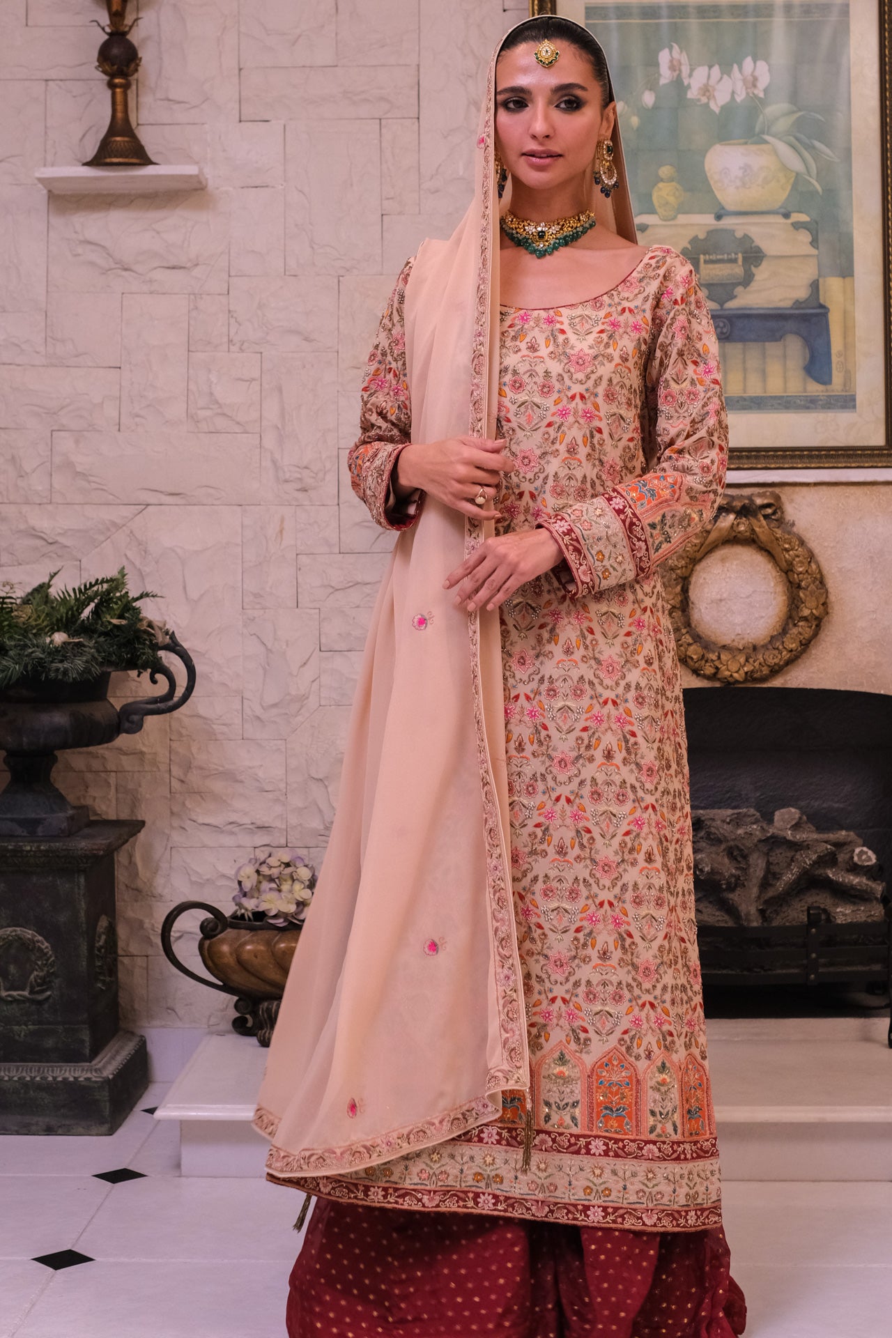 Beige & Maroon Kashidakari Shirt Dupatta & Sharara