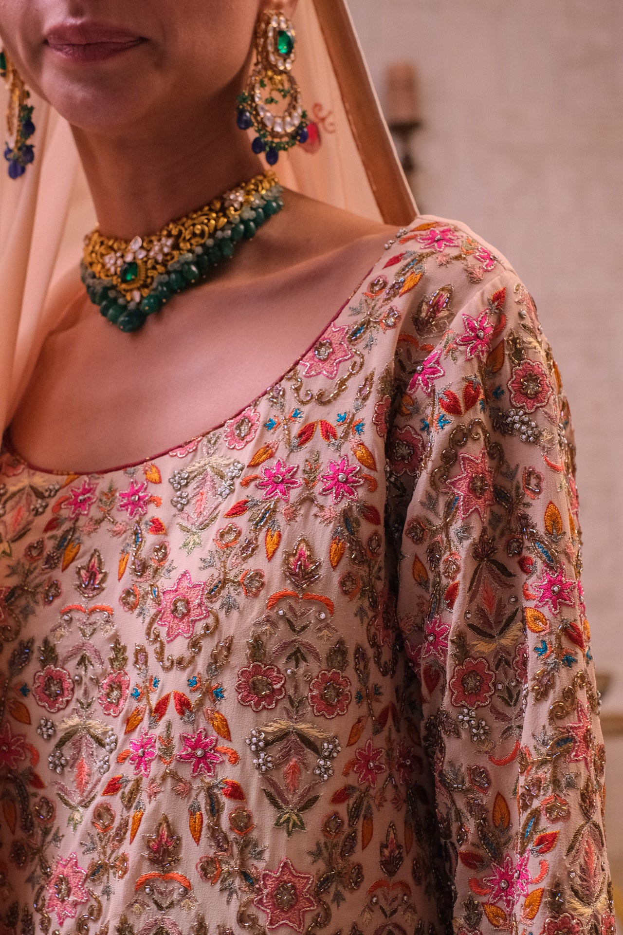 Beige & Maroon Kashidakari Shirt Dupatta & Sharara