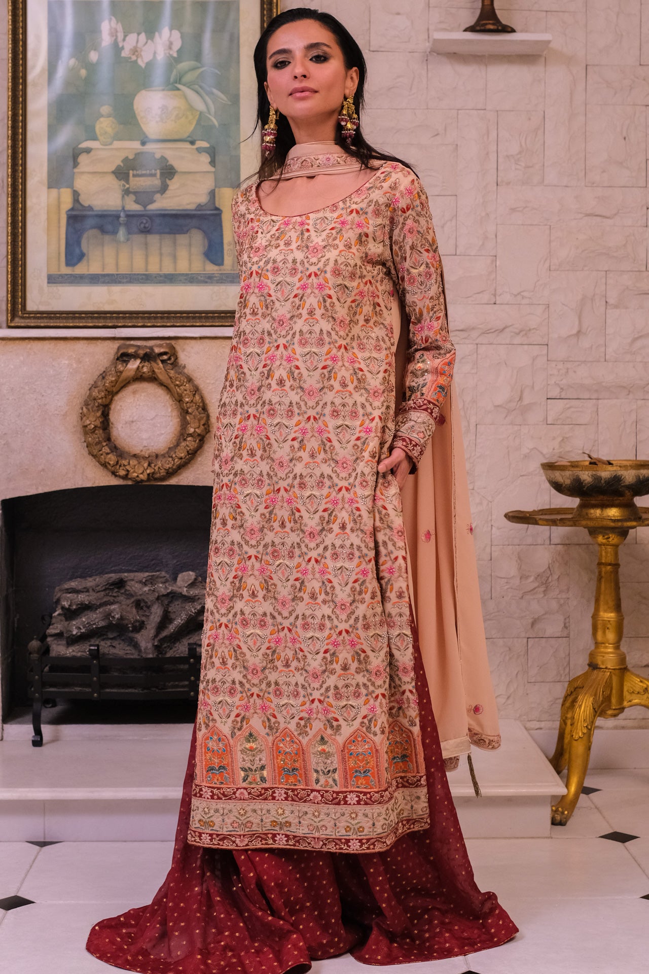 Beige & Maroon Kashidakari Shirt Dupatta & Sharara
