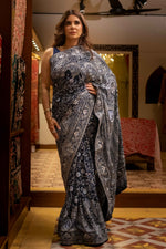 Load image into Gallery viewer, Navy Blue &amp; Silver Kashidakari Saree
