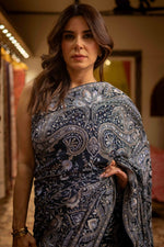 Load image into Gallery viewer, Navy Blue &amp; Silver Kashidakari Saree
