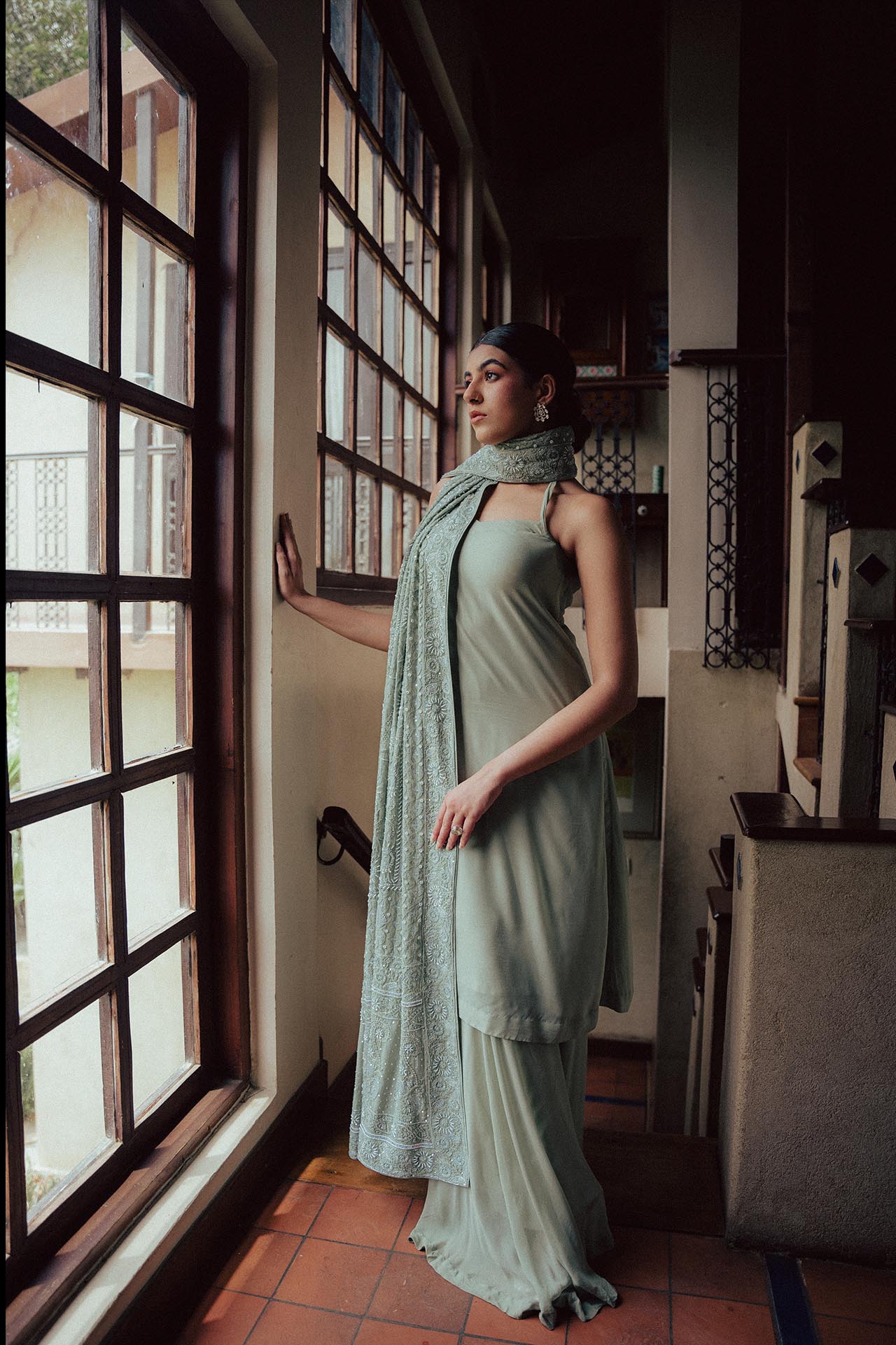 Mint Green Chikankari and Zardozi Dupatta