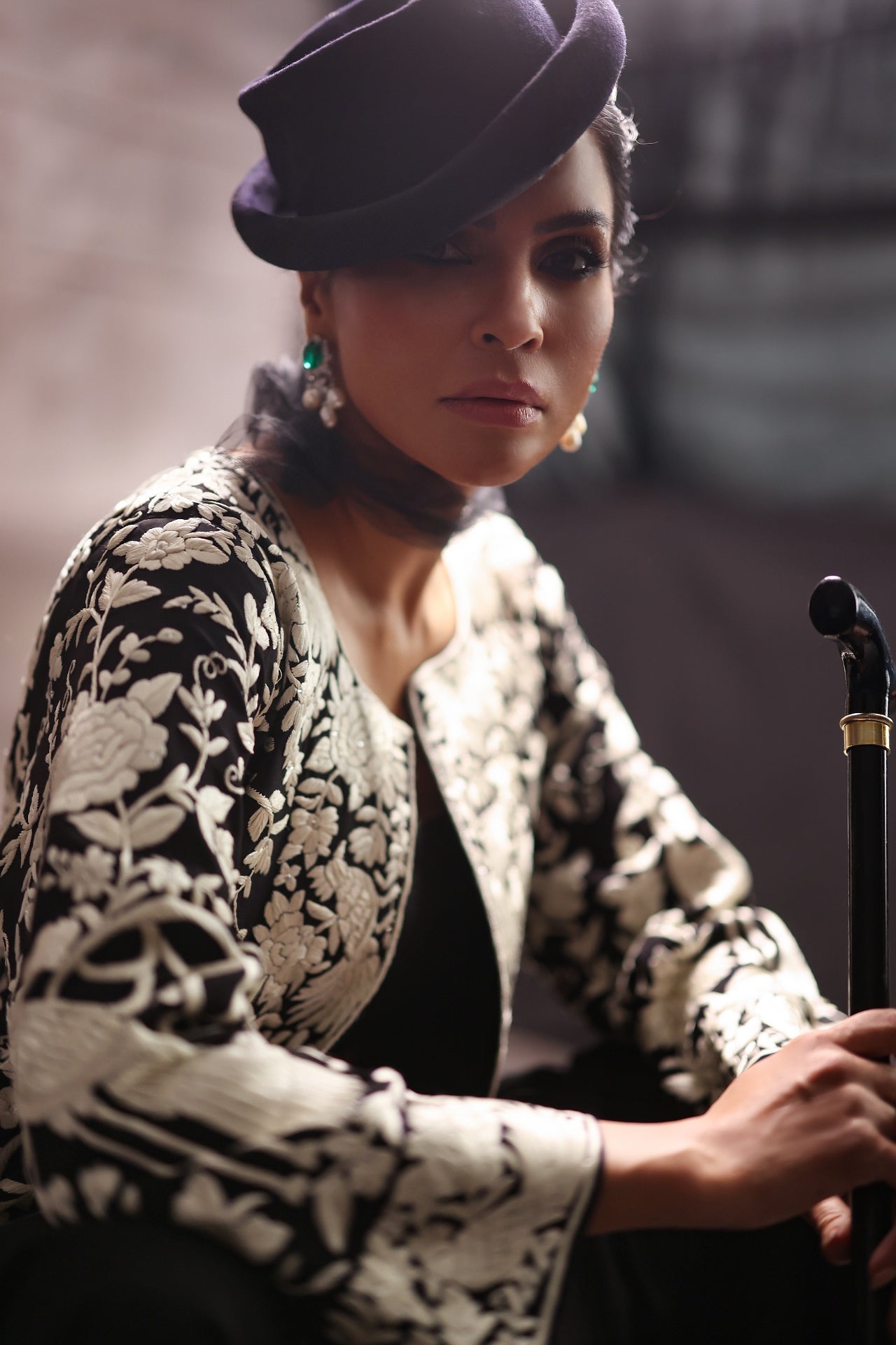 Aafrinish By Niazi Fouzia Aman Rizwan Ul Haq Black & White Parsi Gara Jacket Featuring birds in flight, blooming flowers, and gleaming details Pakistan Fashion