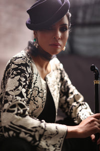 Aafrinish By Niazi Fouzia Aman Rizwan Ul Haq Black & White Parsi Gara Jacket Featuring birds in flight, blooming flowers, and gleaming details Pakistan Fashion