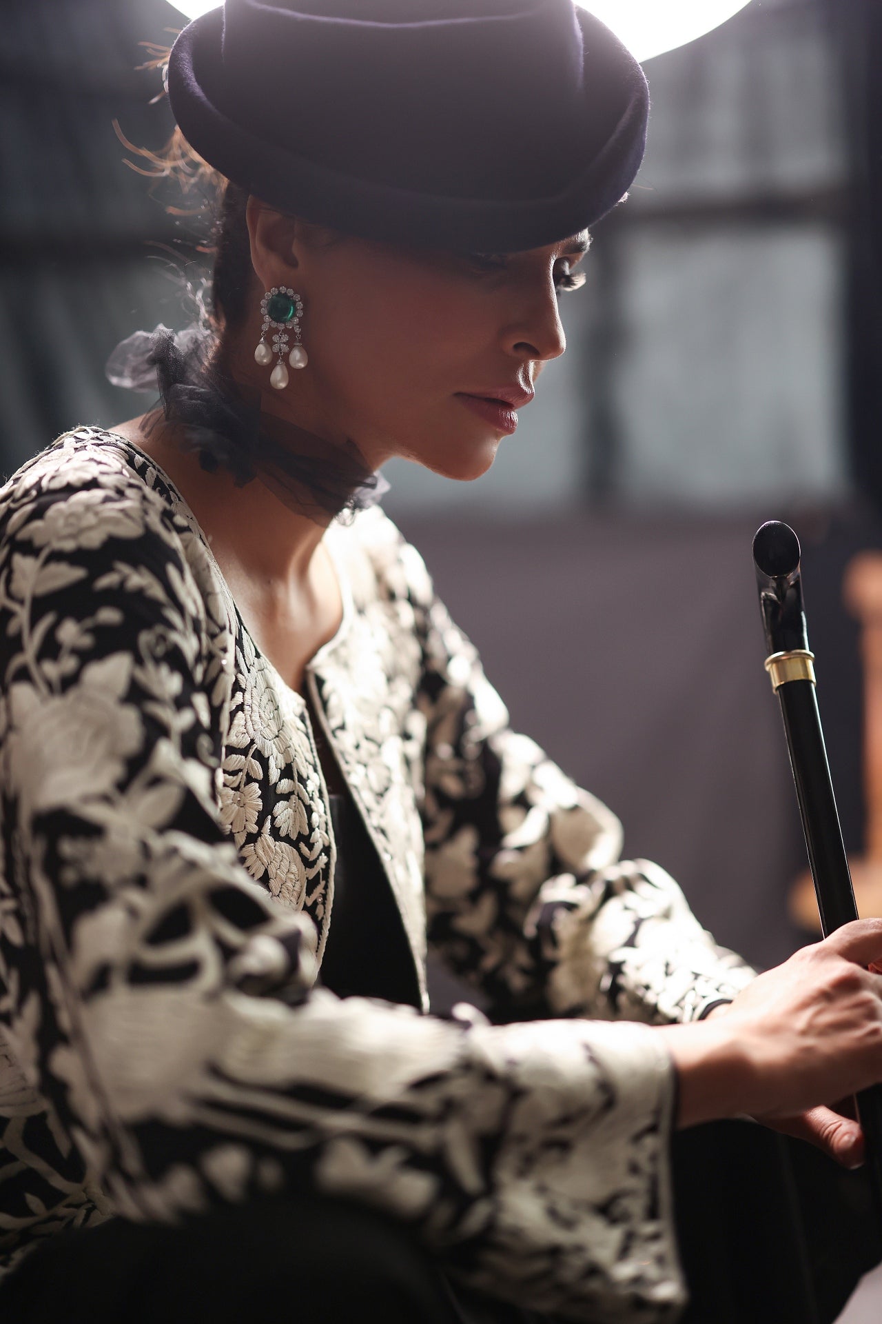 Aafrinish By Niazi Fouzia Aman Rizwan Ul Haq Black & White Parsi Gara Jacket Featuring birds in flight, blooming flowers, and gleaming details Pakistan Fashion