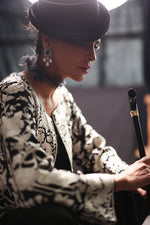 Load image into Gallery viewer, Aafrinish By Niazi Fouzia Aman Rizwan Ul Haq Black &amp; White Parsi Gara Jacket Featuring birds in flight, blooming flowers, and gleaming details Pakistan Fashion
