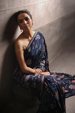 Load image into Gallery viewer, Aafrinish By Niazi Fouzia Aman Rizwan Ul Haq Navy Blue Cutdana &amp; Sequins Saree featuring glimmering floral nightscapes Pakistan Fashion
