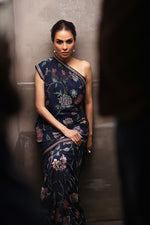 Load image into Gallery viewer, Aafrinish By Niazi Fouzia Aman Rizwan Ul Haq Navy Blue Cutdana &amp; Sequins Saree featuring glimmering floral nightscapes Pakistan Fashion
