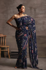 Load image into Gallery viewer, Aafrinish By Niazi Fouzia Aman Rizwan Ul Haq Navy Blue Cutdana &amp; Sequins Saree featuring glimmering floral nightscapes Pakistan Fashion
