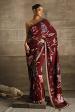 Load image into Gallery viewer, Aafrinish By Niazi Eshal Rahman Rizwan Ul Haq Deep Wine Cutdaana &amp; Sequins Saree the rich hues of our deep wine Chiffon saree intricately detailed with floral motifs in glimmering sequins Pakistan Fashion
