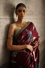 Load image into Gallery viewer, Aafrinish By Niazi Eshal Rahman Rizwan Ul Haq Deep Wine Cutdaana &amp; Sequins Saree the rich hues of our deep wine Chiffon saree intricately detailed with floral motifs in glimmering sequins Pakistan Fashion
