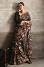 Load image into Gallery viewer, Aafrinish By Niazi Fouzia Aman Rizwan Ul Haq Black and Gold Pita Tila Kashidakari Saree Pakistan Fashion
