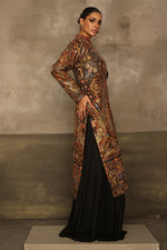 Load image into Gallery viewer, Aafrinish By Niazi Rabita Ali Rizwan Ul Haq Black Pita Tilla jacket adorned with intricate Kashida embroidery in hues of dull gold and silver zari Pakistan Fashion
