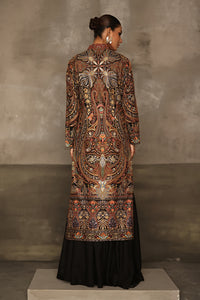 Aafrinish By Niazi Rabita Ali Rizwan Ul Haq Black Pita Tilla jacket adorned with intricate Kashida embroidery in hues of dull gold and silver zari Pakistan Fashion