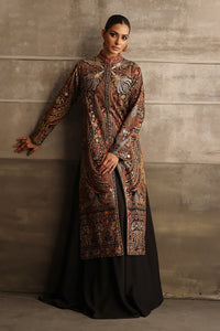 Aafrinish By Niazi Rabita Ali Rizwan Ul Haq Black Pita Tilla jacket adorned with intricate Kashida embroidery in hues of dull gold and silver zari Pakistan Fashion