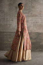 Load image into Gallery viewer, Aafrinish By Niazi Eshal Rahman Rizwan Ul Haq Gold Sequins Kashidakari Jacket Glimmering gold juxtaposed with vibrant pink and red hues make this jacket a shimmering masterpiece Pakistan Fashion
