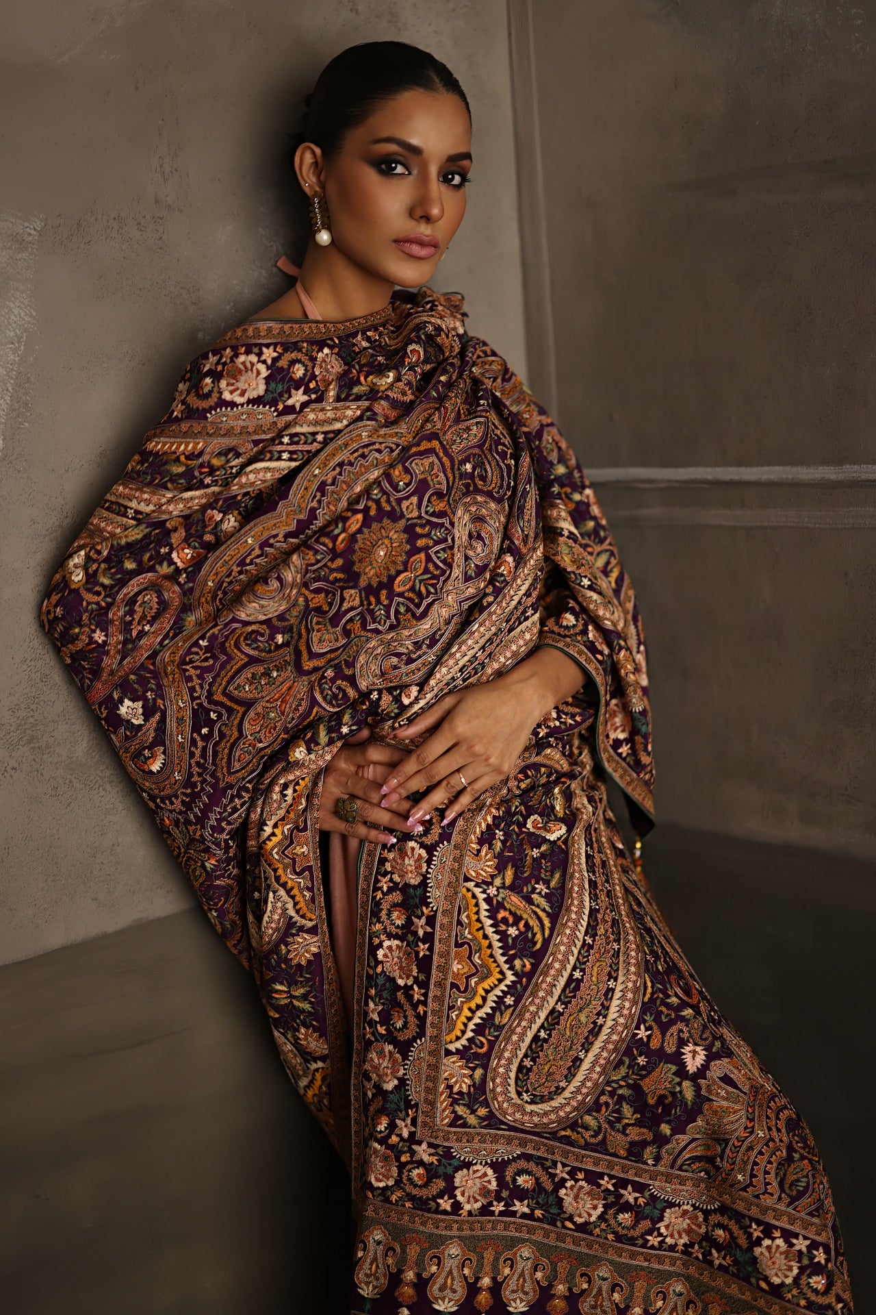 Aafrinish By Niazi Rabita Ali Rizwan Ul Haq Purple Kashidakari Shawl hand embroidered resham threads in rich earthy tones on a regal purple chiffon base Pakistan Fashion