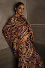 Load image into Gallery viewer, Aafrinish By Niazi Rabita Ali Rizwan Ul Haq Purple Kashidakari Shawl hand embroidered resham threads in rich earthy tones on a regal purple chiffon base Pakistan Fashion
