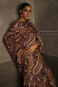 Aafrinish By Niazi Rabita Ali Rizwan Ul Haq Purple Kashidakari Shawl hand embroidered resham threads in rich earthy tones on a regal purple chiffon base Pakistan Fashion