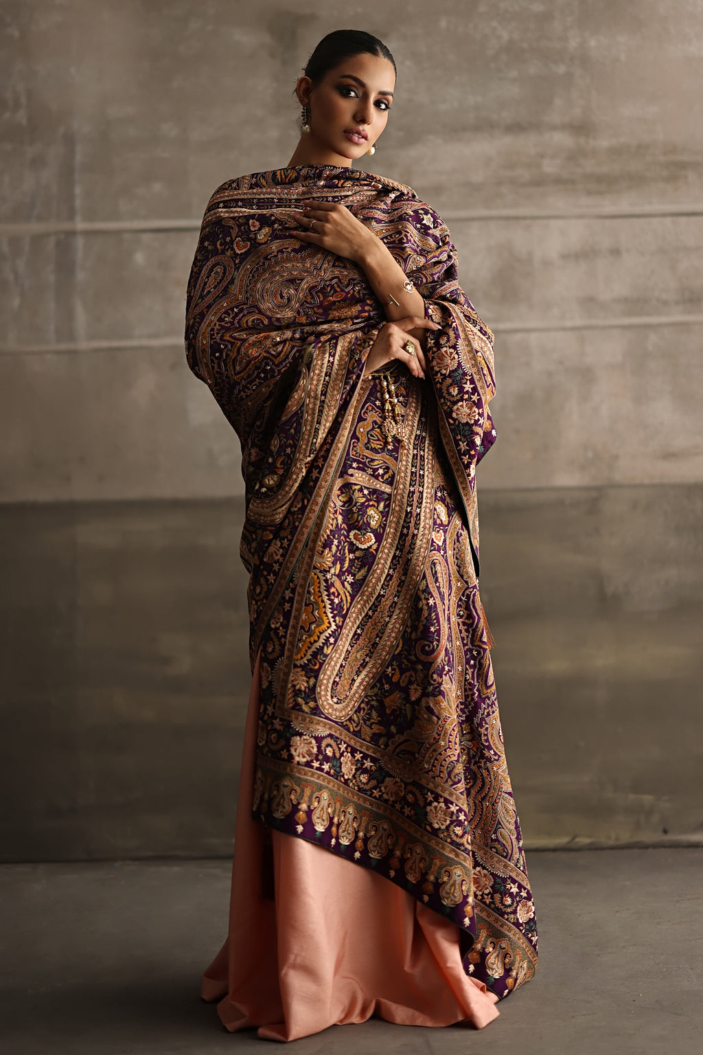 Aafrinish By Niazi Rabita Ali Rizwan Ul Haq Purple Kashidakari Shawl hand embroidered resham threads in rich earthy tones on a regal purple chiffon base Pakistan Fashion