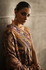 Load image into Gallery viewer, Aafrinish By Niazi Rabita Ali Rizwan Ul Haq Purple Kashidakari Shawl hand embroidered resham threads in rich earthy tones on a regal purple chiffon base Pakistan Fashion
