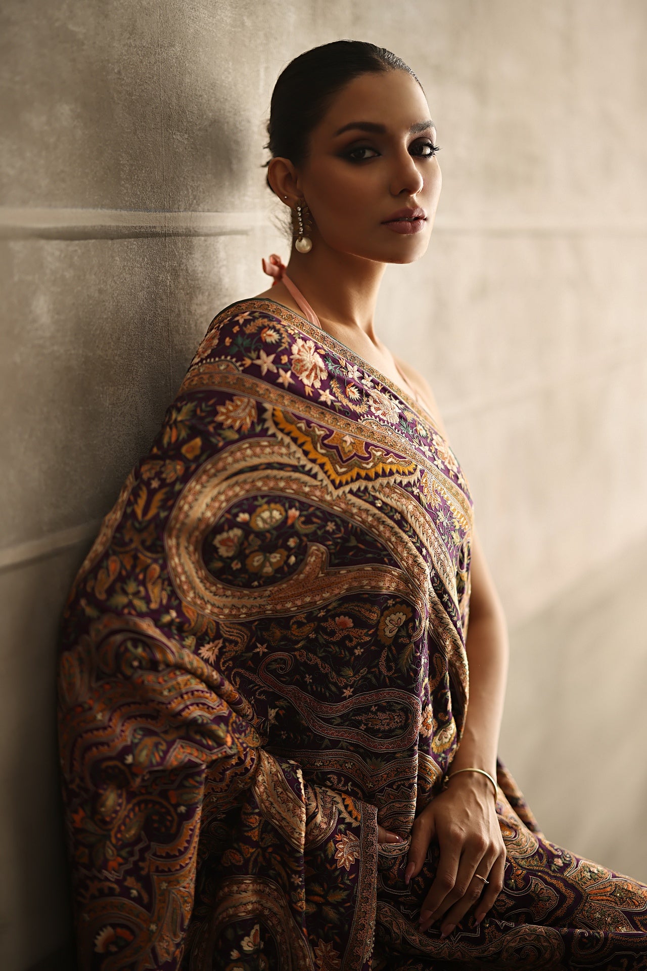 Aafrinish By Niazi Rabita Ali Rizwan Ul Haq Purple Kashidakari Shawl hand embroidered resham threads in rich earthy tones on a regal purple chiffon base Pakistan Fashion