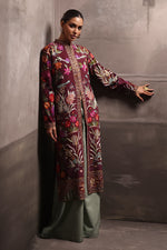 Load image into Gallery viewer, Aafrinish By Niazi Rabita Ali Rizwan Ul Haq Plum Kashidakari Jacket this jacket depicts blooming gardens with feminine florals and delicate birds Pakistan Fashion
