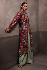 Load image into Gallery viewer, Aafrinish By Niazi Rabita Ali Rizwan Ul Haq Plum Kashidakari Jacket this jacket depicts blooming gardens with feminine florals and delicate birds Pakistan Fashion
