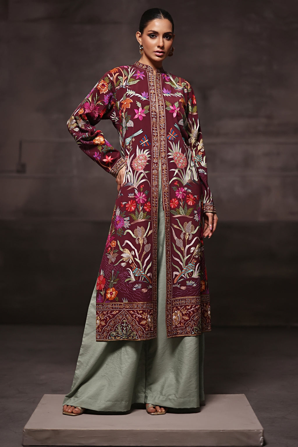 Aafrinish By Niazi Rabita Ali Rizwan Ul Haq Plum Kashidakari Jacket this jacket depicts blooming gardens with feminine florals and delicate birds Pakistan Fashion