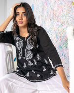 Load image into Gallery viewer, Aafrinish Rimen Hassan Black and white short kurti white sharrara splatter painting
