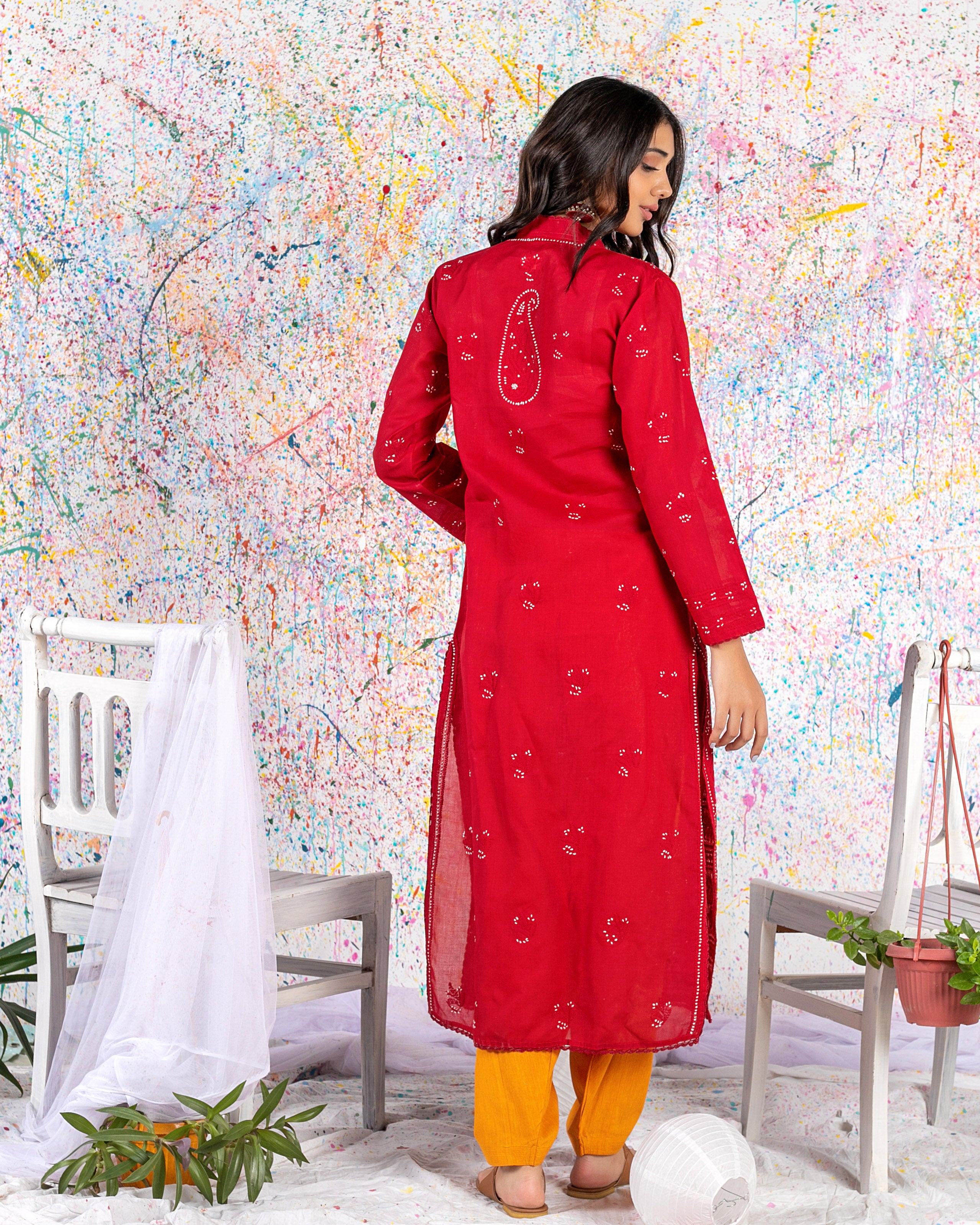 Chikankari angrakha style kurti in red color – BeGorgeousByPS