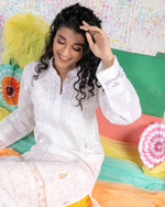 Load image into Gallery viewer, Aafrinish By Niazi Rehma Zaman White \long \kurta Chikankari Chikan Kari Hand Embroidery Splatter Painting
