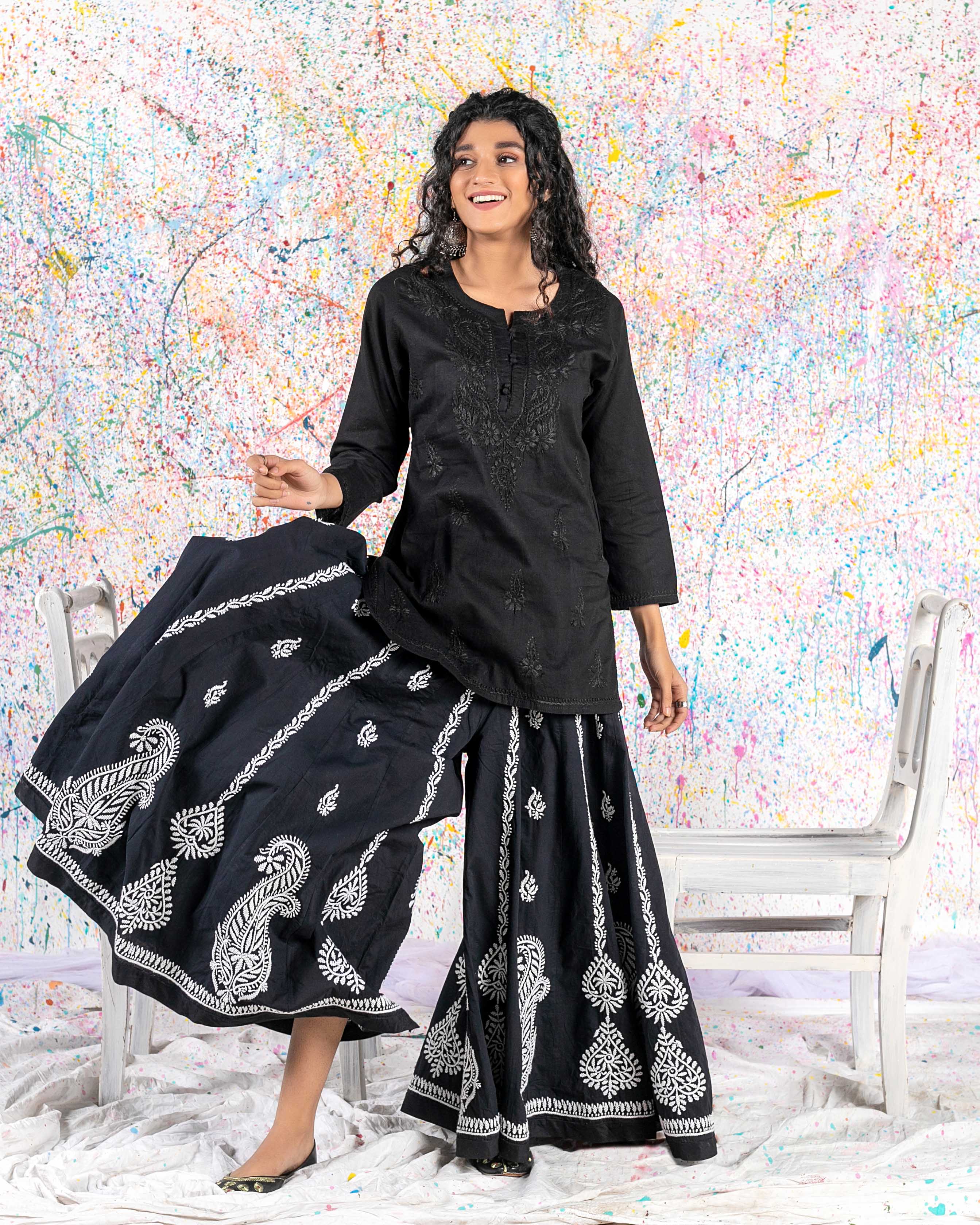 Aafrinish By Niazi Rehma Zaman Black on Black Short Kurti Long Sharrara Splatter Painting
