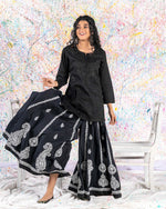 Load image into Gallery viewer, Aafrinish By Niazi Rehma Zaman Black on Black Short Kurti Long Sharrara Splatter Painting
