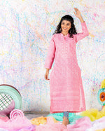 Load image into Gallery viewer, Rehma zaman bubble gum pink Chikan Kari Kurta Pink net Splatter painting smile curly hair
