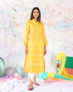Load image into Gallery viewer, Aafrinish By Niazi Canary Yellow Chikankari Kurta Splatter Painting
